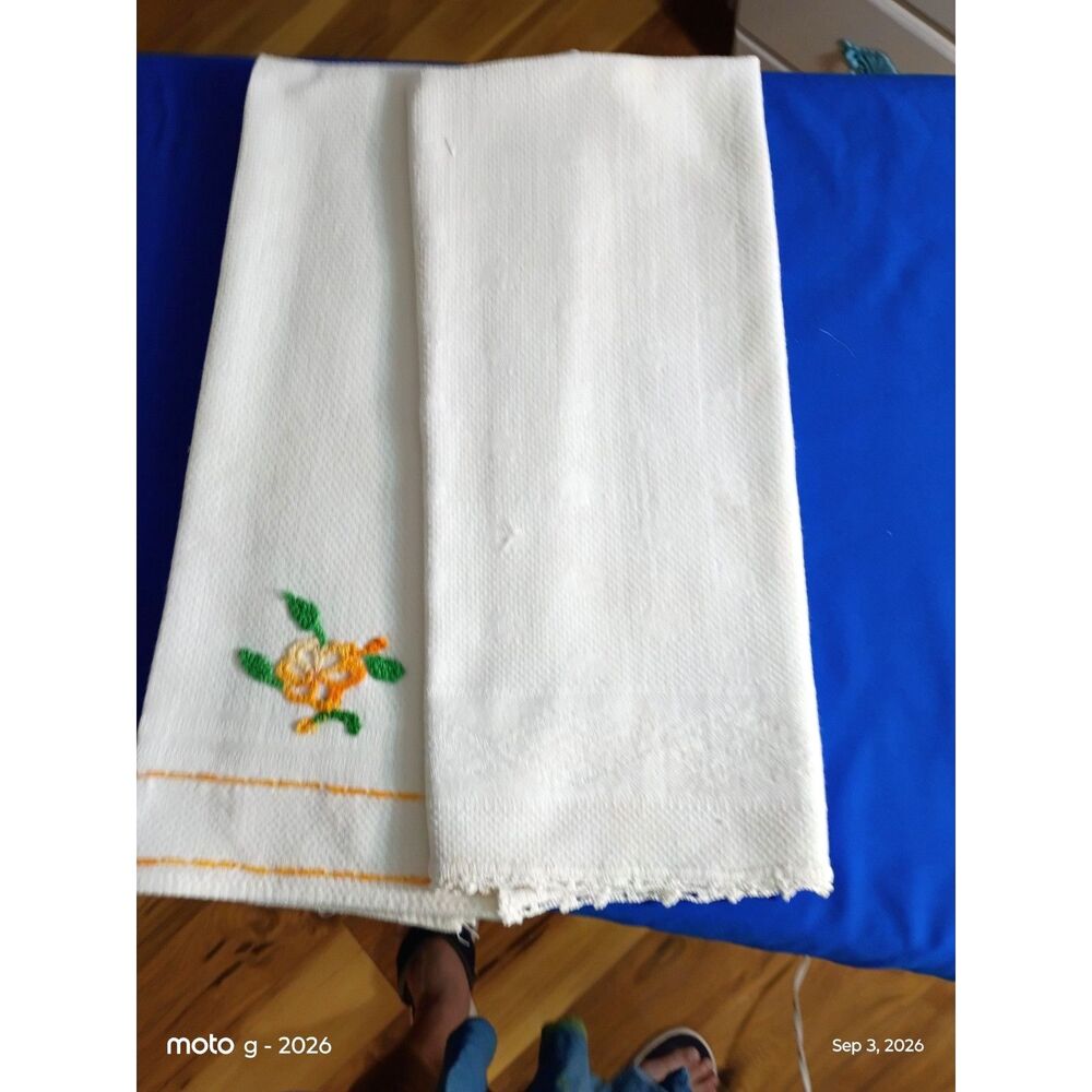 Vintage Hand Embroidered Crocheted Tea Towels Set of 2 Floral Cottagecore Linens